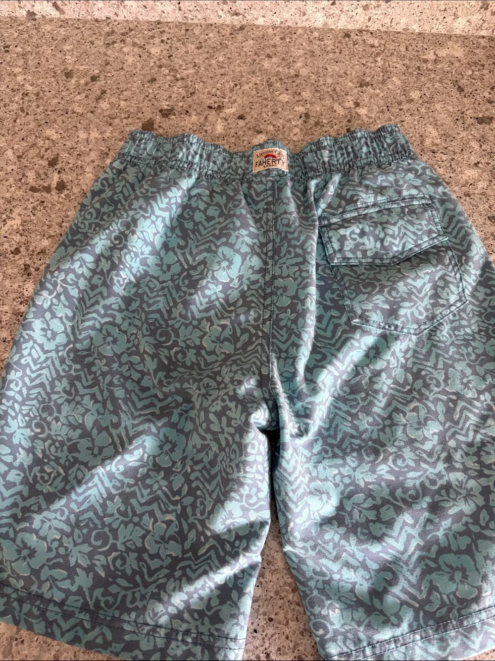 Faherty Boys Teal and Aqua Patterned Swim Trunks